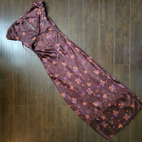 Free People Butterfly Babe Maxi Dress Womens M Y2K Chocolate Brown Lace Satin - Picture 2 of 8